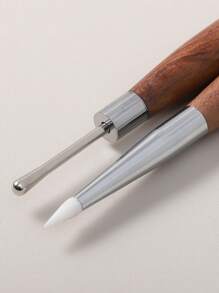 1 Stück Holzgriff Doppelkopf Nagel Misch-Gel Stift, Silikon Nagel Schnitzstift, weiche Gummispitze für Pulveranwendung, Multifunktions-Nagel Punktier- und Malstift, Detailpinsel