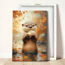 1pc Framed Canvas Wall Art Poster Printing Modern Realism Digital A Otter Holding A Piece Of Bread Wall Art Decoration For Living Room Bedroom Bathroom Kitchen Apartment Hotel, Artful Home Decoration - Framed, Vertical