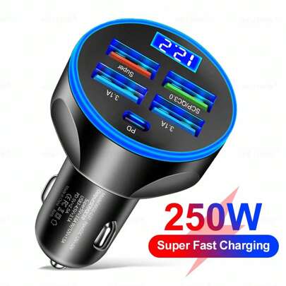 5-In-1 4USB+Type-C PD Fast Car Charger, Supports Super Fast Charging