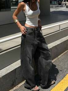 Vintage Washed Black Straight Leg Jeans For Women, US Design Loose Casual Wide Leg Floor Length Pants