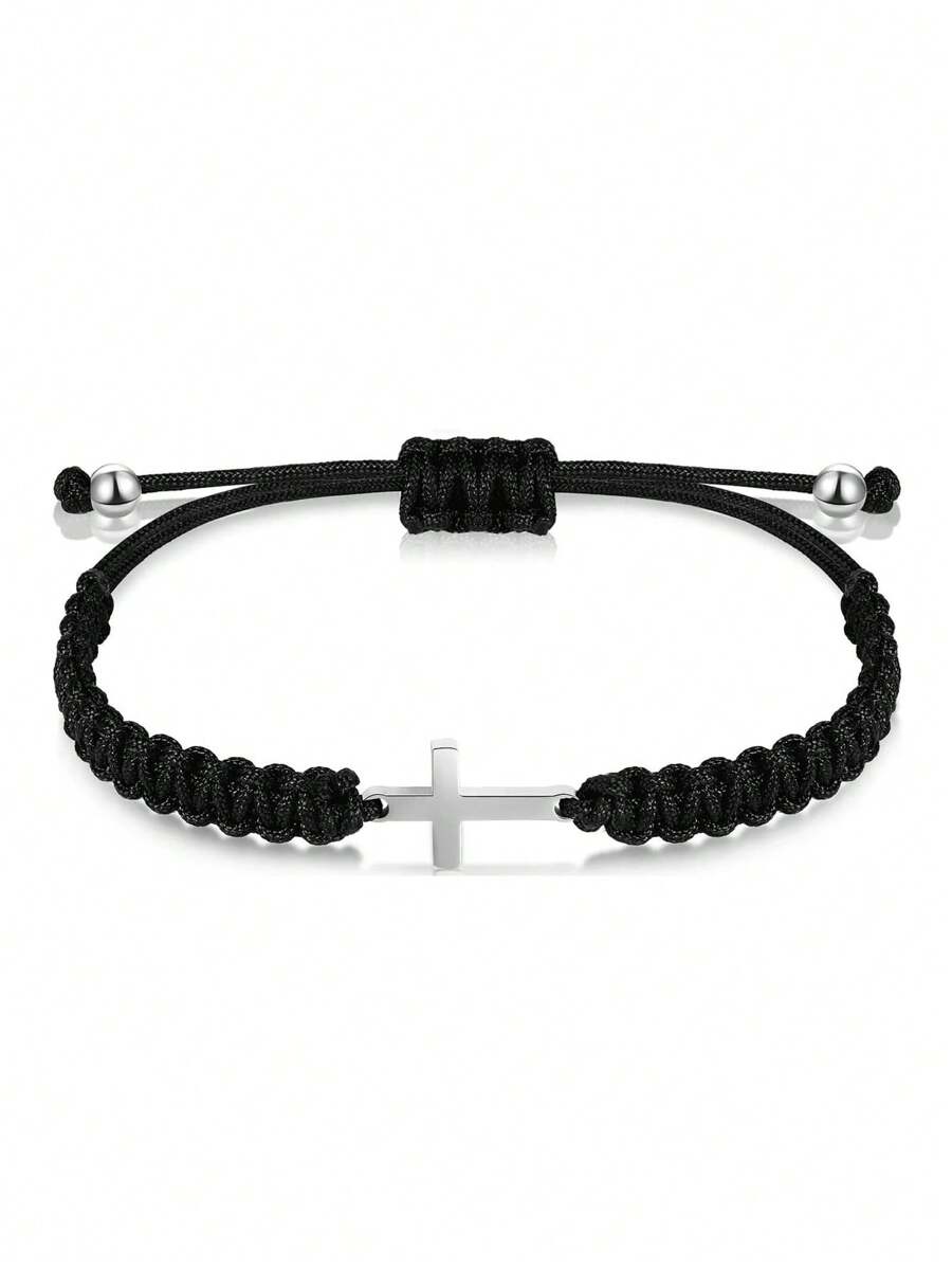2pcs/1pc Braided Cross Bracelet Set, Suitable For Women & Men, Black & Red Stretch Friendship Bracelets, Adjustable For Women & Men, Ideal Gift For Women Daily Wear