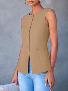 Women's Summer Suit Vest Top Formal Business Casual Sleeveless Button Slimming All Fashion Suit Jacket Vest - Kaki nhạt - Xem 3