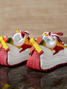 1 双女士 2025 年春季新款厚底运动鞋，韩国学生厚底休闲运动鞋 - 紅色 - 查看 7