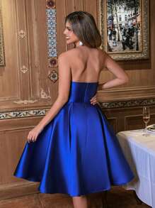 Faeriesty Elegant Strapless Satin Cocktail Party Dress Summer Dresses Spring Clothes - Royal Blue - View 3