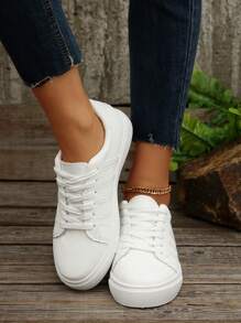 1 par de zapatillas deportivas casuales versátiles para uso diario y al aire libre, con estilo de monopatín, puntera redonda y cordones a rayas, para mujer