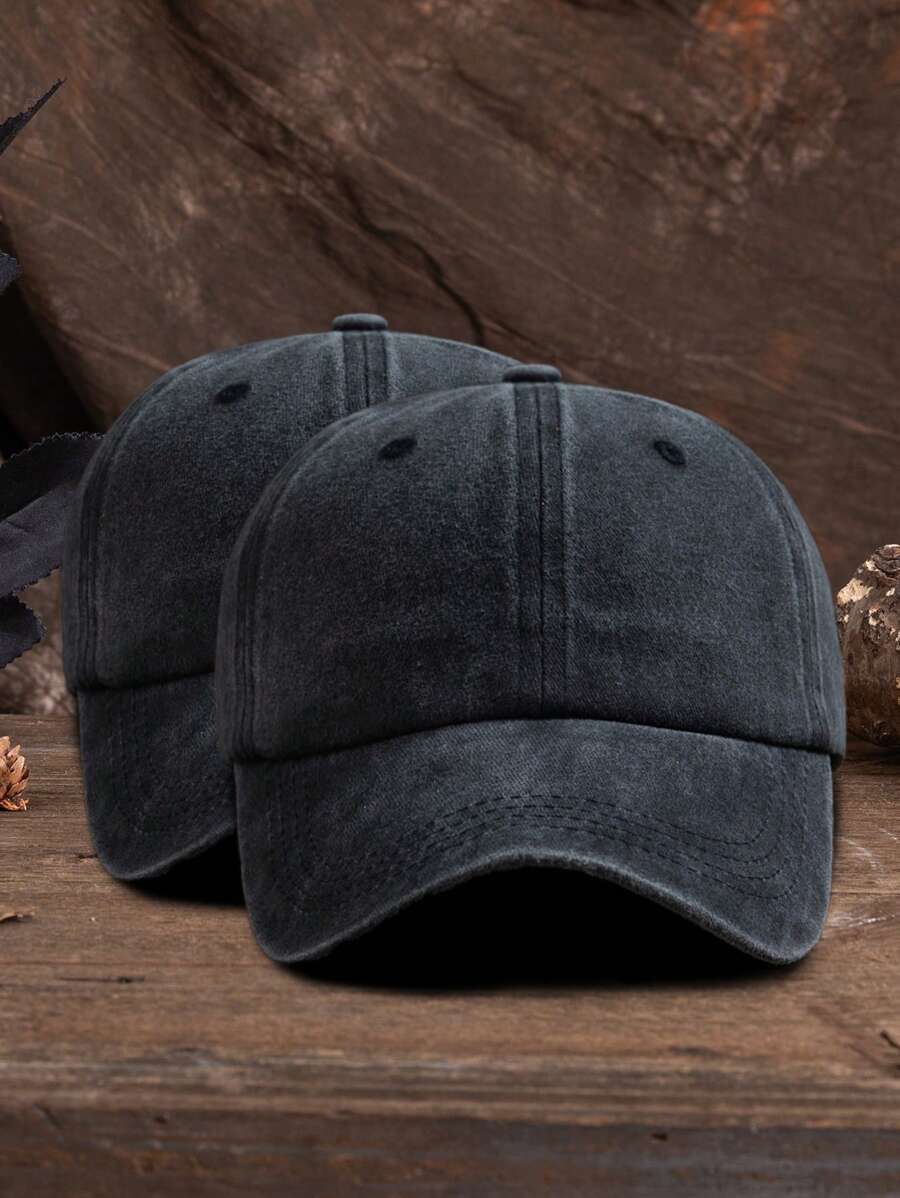 2顶纯色可调节水洗棒球帽，户外休闲时尚，夏季、沙滩、假日 - 黑+黑 - 查看 1