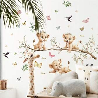 Autocollants muraux mignons et joyeux d'animaux, design de branche d'arbre de bande dessinée et de lion. Décalcomanies murales amovibles en PVC pour hôtel, maison d'hôtes, bureau, salon, chambre à coucher, décoration de la maison, décoration murale, décoration de salle de bain, décoration de pièce, décoration de salon, décoration de maison, papier peint de salon