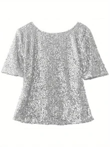 Women Summer Top Shirt, Sequin Short Sleeve Round Neck Loose T-Shirt, Sloping Shoulder Glistening Wild Fashion Top - 銀灰色 - 查看 2