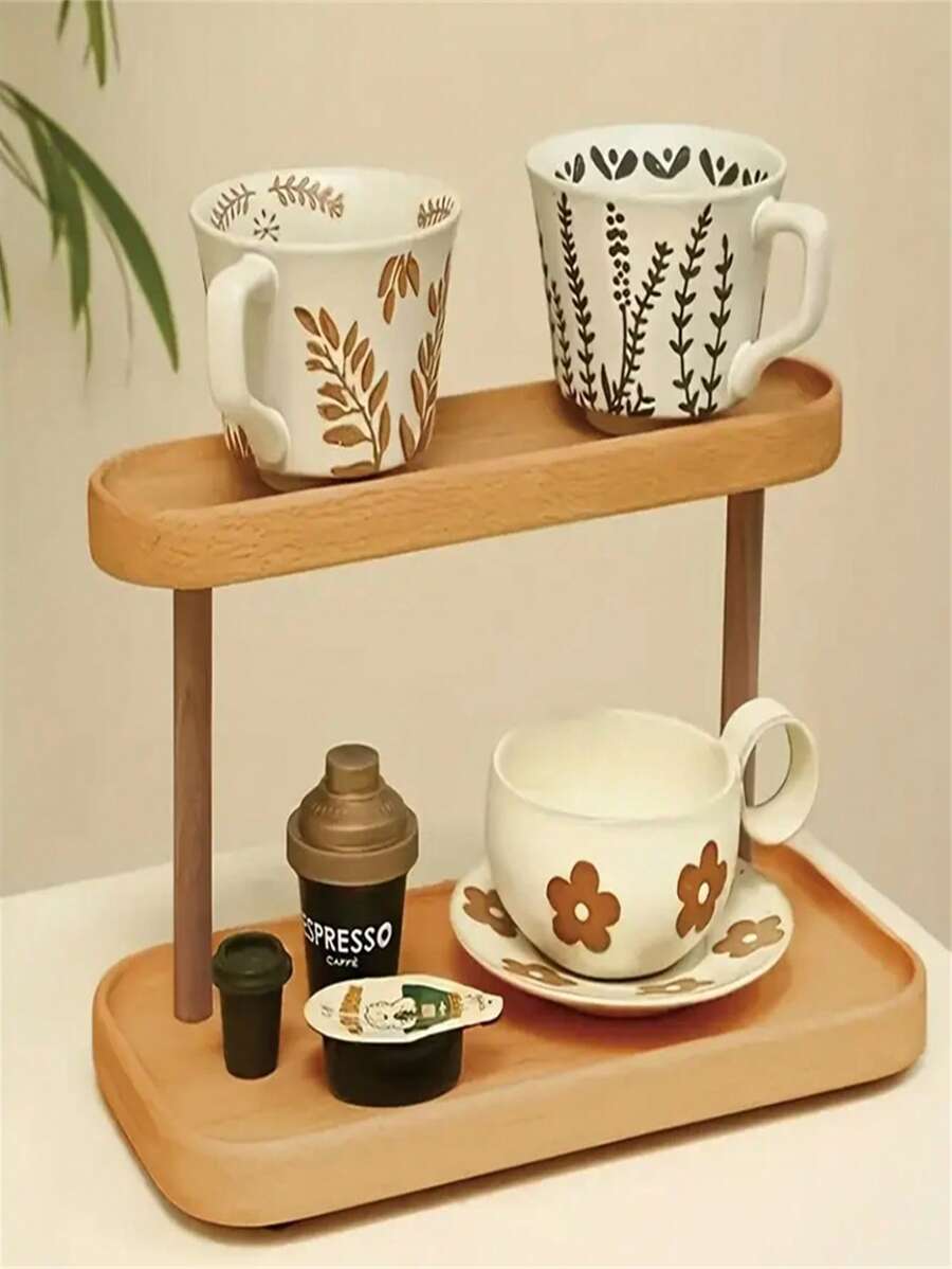 1 szt. 2-poziomowa wolnostojąca drewniana półka - wielofunkcyjny regał do przechowywania na biurku, odpowiedni do wystroju wnętrz, biżuterii, kosmetyków i artykułów piśmiennych - bez metalowej rury, półki pionowe