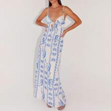 Women Summer Spaghetti Strap Dress Sleeveless Deep V Neck Cutout Slit Maxi Dress Tie-Up Front Backless Long Dresses Casual Beach Party Maxi Dresses - 藍色 - 查看 3