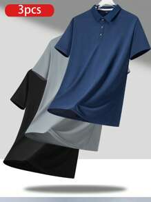 3pcs Boyfriend Style Men's Lightweight Breathable Running Fitness Casual Solid Color Short Sleeve Polo T-Shirts, Summer