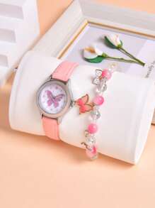 Set de 2 piezas: 1 reloj de cuarzo con diseño de mariposa de dibujos animados para niña, 1 brazalete de mariposa con cuentas, con correa de PU