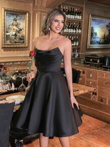 Faeriesty فستان سهرة من الساتان مع تجاعيد أمامية وتعقيد خلفي بالدانتيل، بدون أكتاف، أنيق للحفلات