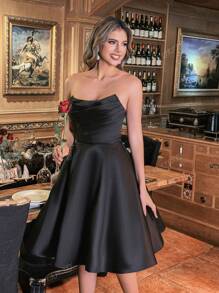 Elegant Strapless Ruched Front Lace-Up Back Satin Cocktail Party Dress, Wedding Guest Dress