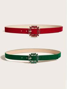 2 Pieces Vintage Buckle Water Ripple Shape Red & Green Crystal Velvet PU Belts, Minimalist Style Suitable For Party And Jeans - Multicolor - View 2