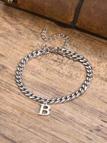 1 件时尚朋克不锈钢 A-Z 英文字母吊坠简约男士手链，适合日常休闲佩戴，男士节日派对礼物 - 銀色 - 查看 7