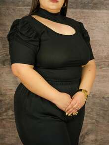 Plus Cut Out Mock Neck Puff Sleeve Blouse - Black - View 2