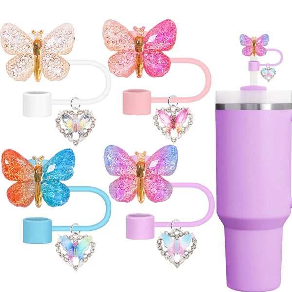 Shiny Butterfly Design Portable Straw Lid With Charm - Cup Tumbler Accessories - Beverage Cup Topper With Clip-On Bling Butterfly Ornament, 1.8in Diameter, Cute And Functional Sports Water Bottle Accessory, Mother's Day Gift, Back To School Supplies