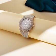 DAYAND NIGHT [DAYAND NIGHT] Luxury Women Gold Color Fully Rhinestone Encrusted Watch, Suitable For Parties, Galas Or Daily Wear. Perfect Gift For Valentine's Day, Anniversary Or Birthday