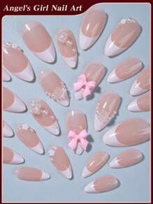 24 stuks/set witte Franse amandel pers op nagels tip 3D roze strik & bloem met parel ontwerp acryl nagels volledige dekking nepnagels, bevat 1 stuk gelei lijm en 1 stuk nagelvijl, geschikte geschenken voor vrouwen en meisjes