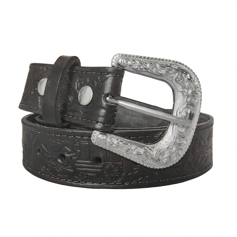 Women's Notched Leather Belt With Country Buckle - màu đen - Xem 1