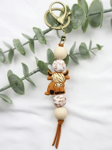 1PC Brown Western Vintage Animal Yak Silicone Beaded Keychain For Cowboy Cowgirl Gift Bag Purse Backpack Pendant Keyring