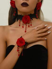 2pcs Vintage Rose Choker And Bracelet Set - Black Lace And Red Rose Jewelry Set For Girls - Gothic Lolita Jewelry Set
