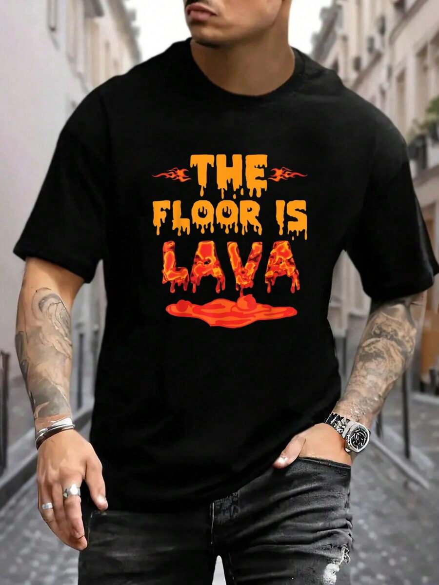 Camiseta con estampado de letras Floor is Lava para hombre (pieza única) Camiseta de algodón Tejido Transpirable 220g algodón pesado - Negro - Ver 1