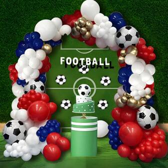 110pcs Football Themed Balloon Garland Arch Set Kit, Featuring Navy Blue, Red And White Latex Balloons And 18 Inch Football Foil Balloons, Suitable For Sports Theme Birthday Party, Bachelor Party Decorations