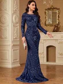 hezixi 这款弹力亮片圆领长袖鱼尾纯色优雅奢华正式礼服，适合各种派对、毕业典礼、婚礼、活动、宴会和舞会，也可作为派对礼服、婚礼宾客礼服、晚礼服或长裙穿着。