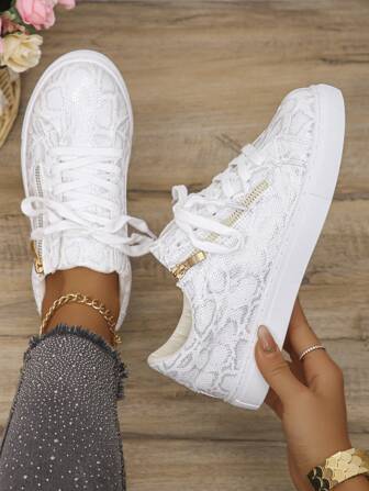 Kvinnors nya blå ormskinnstryck Klassiska sidodragkedjor Fritidsskor, Mode mångsidiga Sneakers med snörning, tjock sula Öka höjd Sportskor, Studentsko, Löparsko, Vandringssko, Skateboardskor