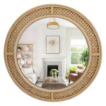 Round Rattan Wall Mirror With Wooden Framed, Modern Boho Drative Mirror For Bathroom, Entry, Living Room, Bedroom, 24 Inch - 彩色 - 查看 2