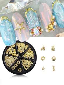 6 Grid 3D Nail Decoration Pendant Alloy Butterfly Shell Seahorse Starfish Pearl Ruby Color Round Beads 3D Metal Pendant Suitable For Nail Art Jewelry Making Technology DIY Nail Charms Nail Gems Nail Supplies