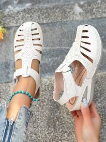 European & American Style Women Sports Sandals, Hollow Mid Heel Wedge Platform Hook And Loop Roman Shoes, Fashionable