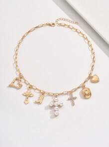 DareSee 1pc Elegant Metal Alloy Multi-Pendant Necklace With Classic Faux Pearl Cross, Western Cowboy Boot, Cowboy Hat, Heart Charm Combination, Fashionable Jewelry For Women Daily Wear, Beach, Party, Festival, Adjustable Chain Length Winter Gifts - Imitation Pearl Cross - View 7