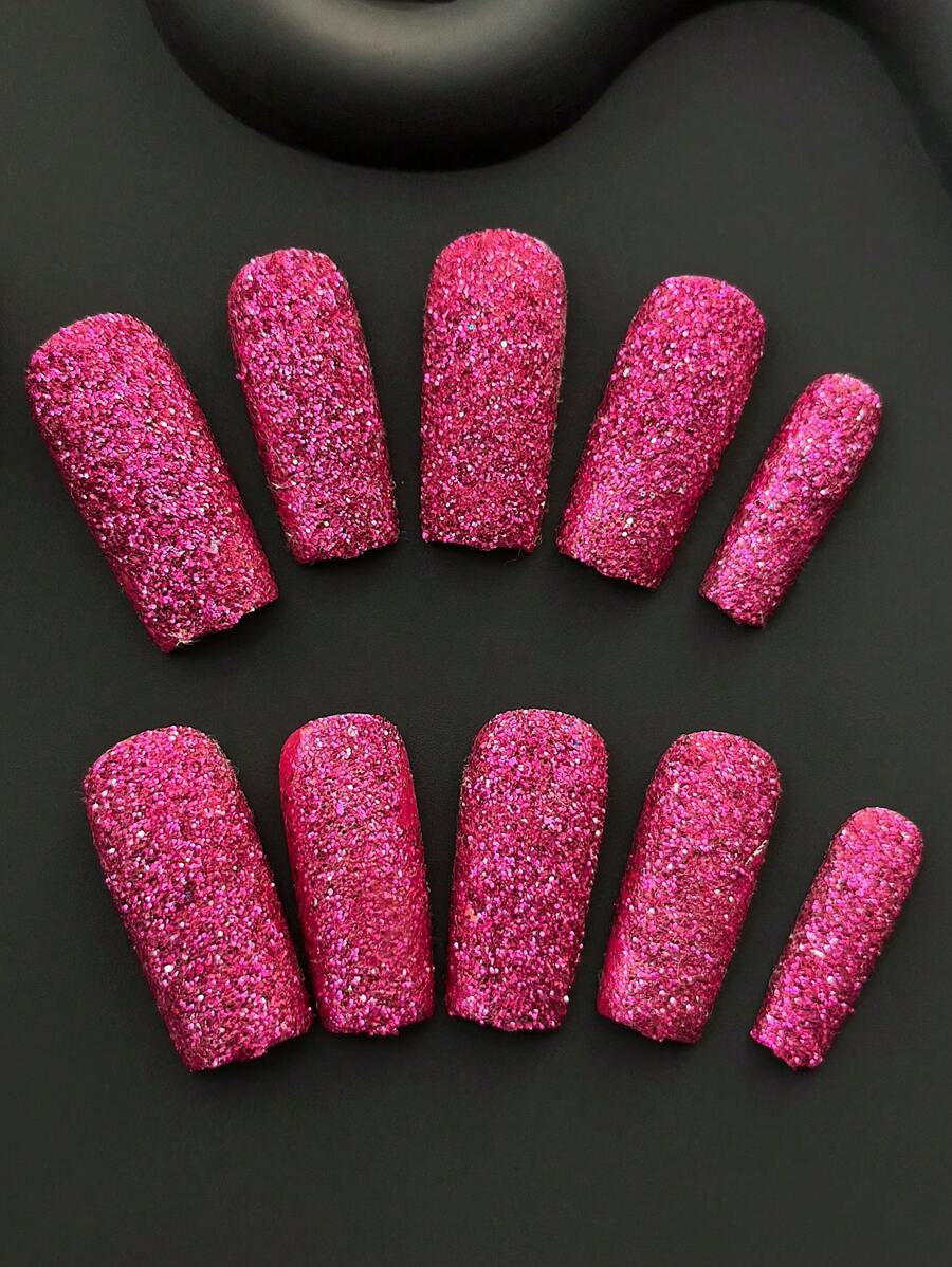 10pcs/Pack Square Handmade Press-On Nails, Solid Color Nail Plates With Red Glitter Sparkling Y2K Design, Full Cover Artificial Shiny DIY Fake Nails