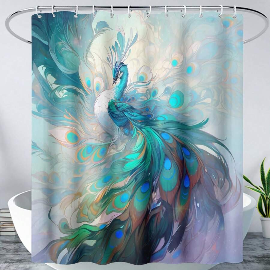 1pc Peacock Shower Curtain, Green Bird Shower Curtain For Bathroom Decor,Beautiful Bird Peacock Bath Curtain - Multicolor - View 1