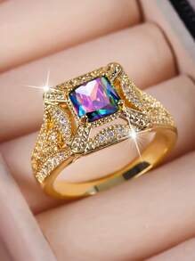 1pc Luxury Vintage Elegant Emerald Cut Cubic Zirconia Gold Color Ring, Gift For Men - Green - View 5