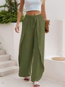 SANOPY Women's Pants,Scrub Pants For Women,Linen Pants Women,Womens Wide Leg Pants Side Split High Waisted Palazzo Pants Boho Flowy Trousers - màu xanh lá - Xem 4