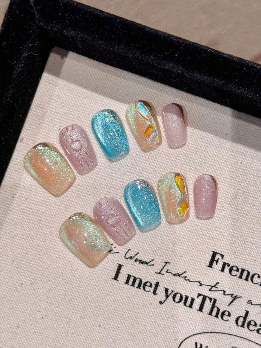 10pcs Set Handmade Rainbow Bubble Colorful Cat Eye Glass Bead Pendant, Elegant Summer Fashion Versatile Accessories Press On Nails - Multicolor - View 1