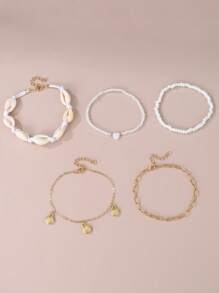 5pcs/Set Bohemian Shell, Starfish, Butterfly, Heart Pendant Anklet Set For Women