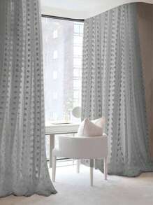 1pc Vertical Pompom Tassel Sheer Curtain, Semi-Blackout Linen Texture, Suitable For Bedroom, Living Room, Balcony, Casement Window - Grey - View 1