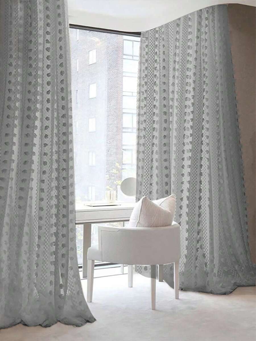 1pc Vertical Pompom Tassel Sheer Curtain, Semi-Blackout Linen Texture, Suitable For Bedroom, Living Room, Balcony, Casement Window - Grey - View 1