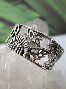 1pc Flower, Leaf, Sunflower Design Ring, Silver-Tone Copper, Fashion Accessories For Men And Women, Party And Daily Wear, Size 6-10