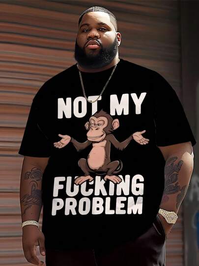 Unique Design Text & Cartoon Monkey Print 3D Graphic Crew Neck Casual T-Shirt, Stretch Breathable Polyester, Loose Fit, Suitable For Daily Gatherings