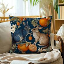 1pc Vintage Morris Style Rabbit Print Pillow Case, Single-Sided Peach Velvet Fabric, 45*45CM/18*18inch Cushion Cover, Suitable For Modern Minimalist Sofa, Living Room Decor, Gift