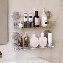 1pc Shower Caddy With Strong Suction Cups, Wall-Mounted Bathroom Organizer, No Drilling Required, Removable Shower Shelf, White And Clear Slim Design, Bathroom Storage Rack For Toiletries, Shower Essentials, Washroom Storage