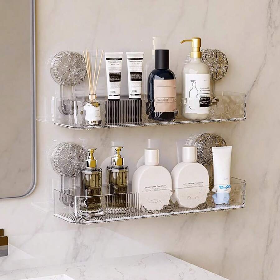 1pc Shower Caddy With Strong Suction Cups, Wall-Mounted Bathroom Organizer, No Drilling Required, Removable Shower Shelf, White And Clear Slim Design, Bathroom Storage Rack For Toiletries, Shower Essentials, Washroom Storage