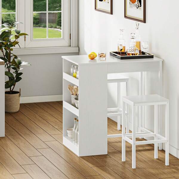 Bartisch mit Barhocker Set, Bartisch 3 Teilig, Esstisch mit 2 Hocker 3 Ablagen, Barhocker mit Metallrahmen, Essgruppe für 2 Personen, Frühstückstisch Möbelsets für Zuhause, Küche