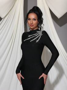 Modphy New Handmade Rhinestone Decorated Round Neck Long Sleeve Bandage Bodycon Dress, Elegant Formal Gown For Party, Banquet, Events, Wedding Guest Dress, Evening Dress - Black - View 8